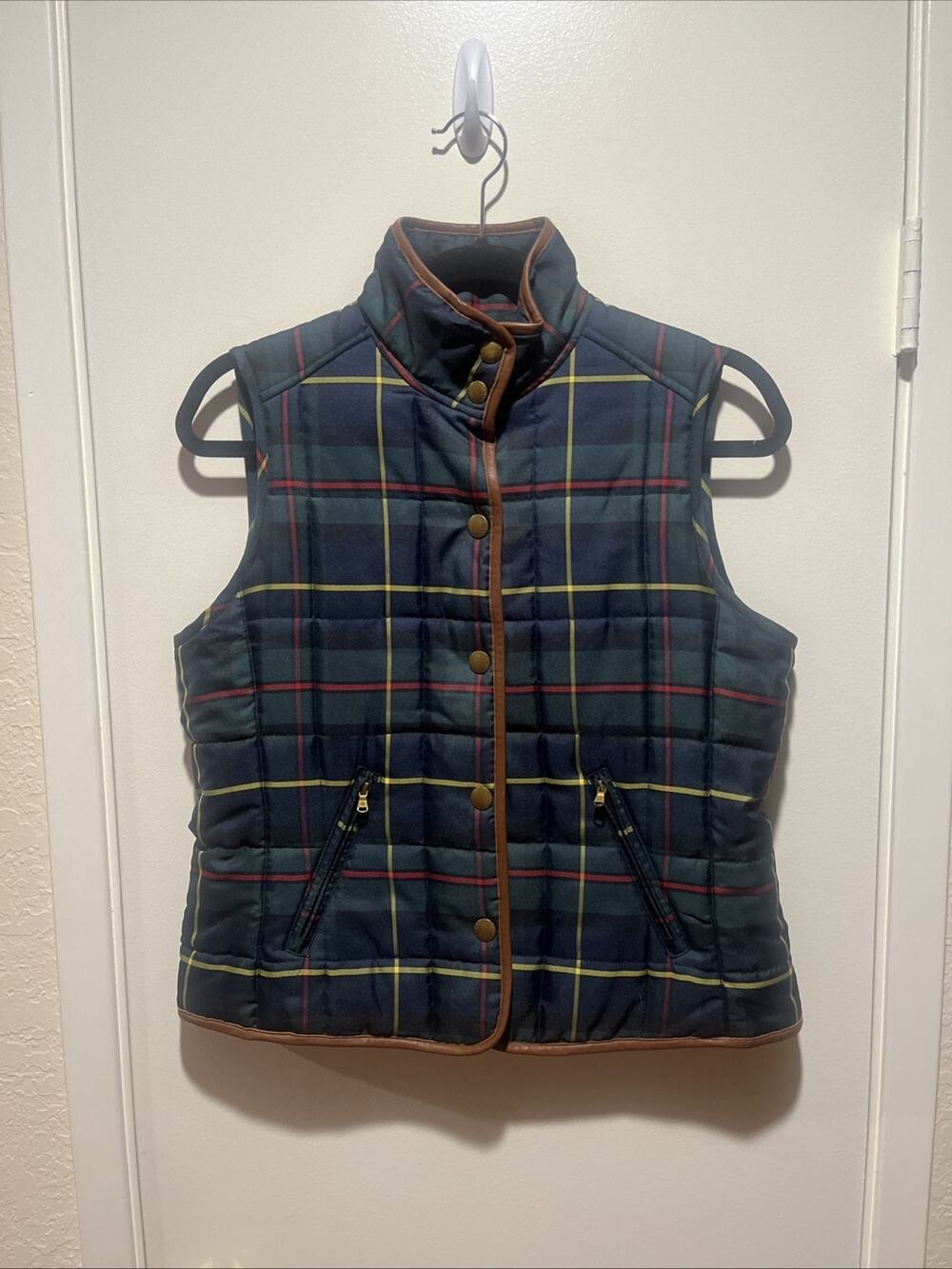 Ralph Lauren Women’s Petite M Quilted Plaid Puffer Vest Grn Navy Tartan Leather￼